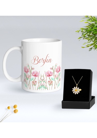 Bk Gift Kişiye Özel İsimli Çiçek Tasarımlı Beyaz Kupa Ve Papatya Kolye Hediye Seti - 15, Sevgiliye Hediye, Anneye Hediye, Arkadaşa Hediye Kobitmeyenco
