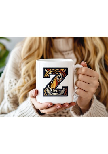 Z Harfi Kaplan Figürlü Nakış Desenli Kupa Bardak - Kişiye Özel Vahşi Hayvan Desenli Kupa - Hediye Beyaz