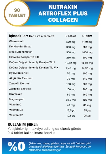 Nutraxin Artroflex Plus Collagen Tip 1 2 3 5 10 90 Tbl Magnezyum Bromelain Yumurta Kabuğu Glukozamin Msm