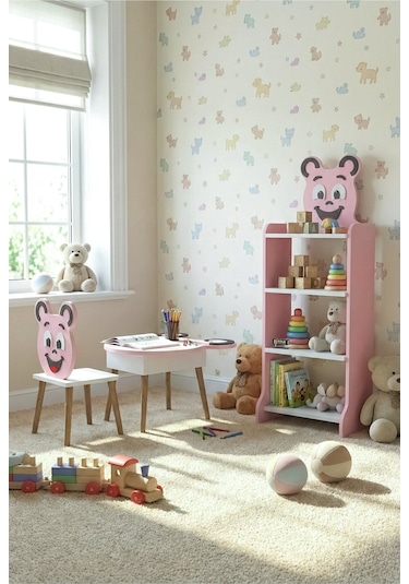 Çocuk Mobilya Seti Happy Face Masa Sandalye ve 4 Raflı Kitaplık Sevimli Figürlü Pembe