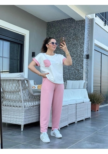 Defymoda Kadın Kristal Kumaş Garnili Cep Detaylı Ikili Takım Pembe