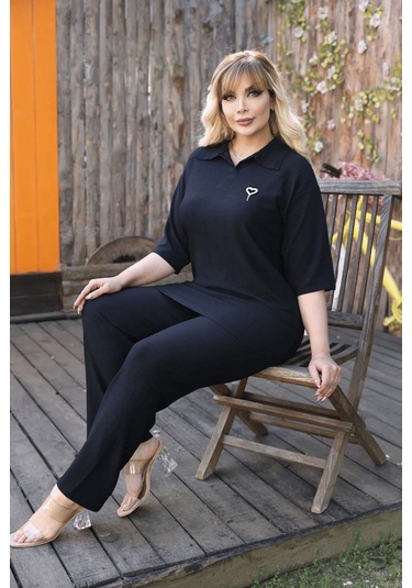 Kadın Günlük Patlı Gömlek Yaka Pantolon Takım Bürümcük Kumaş Siyah