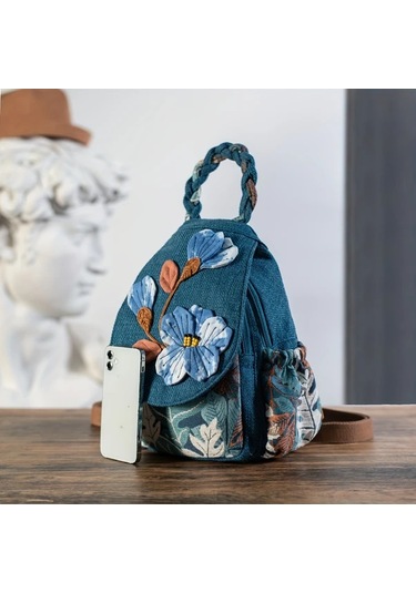 Fochsia Bohemian Mavi Çiçek Desenli Crossbody Sırt Çantası Ayarlanabilir Askı Çok Bölmeli Mavi