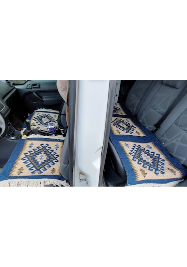 Reversible Oto Koltuk Kilim Seti 3 Parça Makine Dokuma Akrilik & Polyester Saçaklı - Mavi