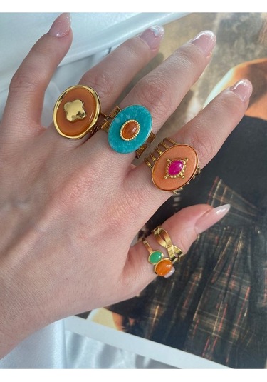 Vintage Renkli Oval Taşlı Çelik Kararmaz Ayarlanabilir Gold Yüzük