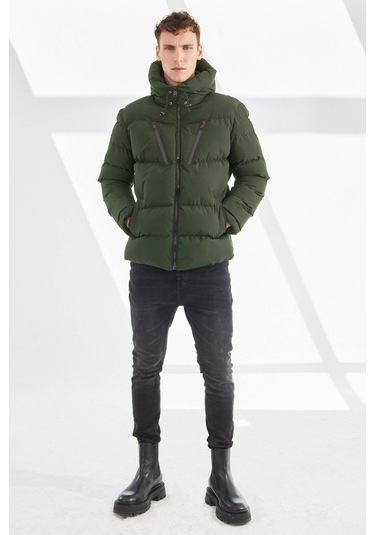 Delpino Su Ve Rüzgar Geçirmez Kapüşonlu Şişme Haki Erkek Mont 2183 Haki