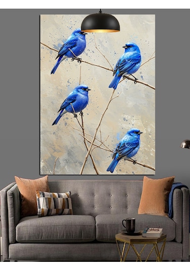 Mavi Tüylü Uçan Üç Kuş Dekoratif Kanvas - Mdf Ahşap Tablo