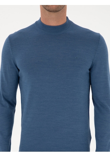 Cacharel Koyu Mavi Slim Fit Yün Karışımlı Çeyrek Balıkçı Basic Triko Kazak