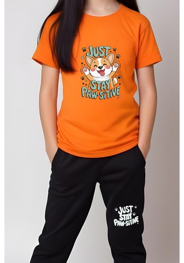 Just Stay Paw Baskılı Kız Çocuk Tişört Ve Eşofman Alt-üst Takım Turuncu