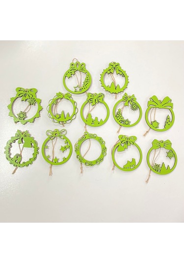 Ahşap 12 Adet Yılbaşı Ağacı Süsü Yeşil