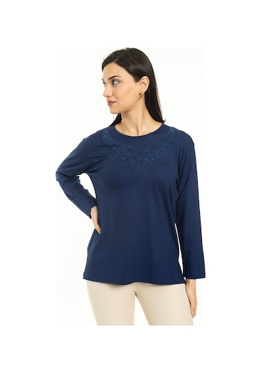 Kadın Orta Yaş Ve Üzeri Yeni Model Yuvarlak Yaka Likralı Anne Penye Bluz 30550-indigo