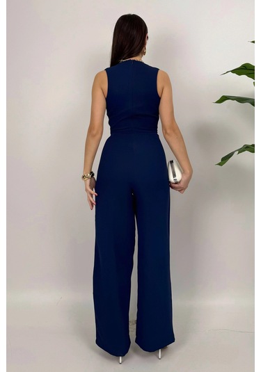 Crimson Icon Kadın Kemer Detaylı Askılı Bol Paça Lacivert Tulum Rahat Şık Yazlık Kombin Lacivert