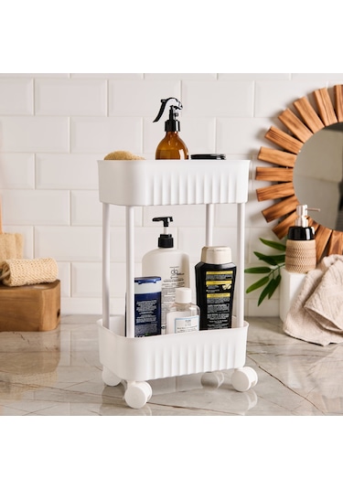 Arnilloo İki Katlı Tekerlekli Banyo Rafı - Beyaz - 45x27x17 Cm Renkli