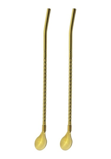 Altın 2 Adet/takım Siyah Yeniden Kullanılabilir Uzun Saman Kaşığı Renkli 304 Paslanmaz Çelik Pipetler Kepçe Bar Kokteyl Kahve Karıştırma İçme Kaşığı