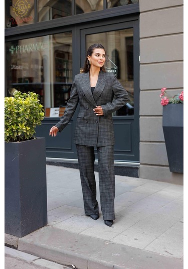 6 Düğmeli Kruvaze Ekose Takım Siyah Siyah