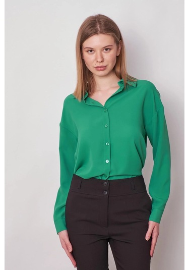 Kadın Yakalı Düşük Omuzlu Uzun Kol Likrasız Kumaş Gömlek-yeşil Yeşil