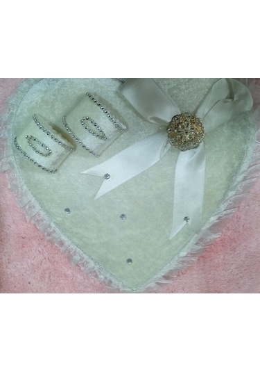 Söz Nişan Tepsisi Ahşap Kadife Kaplama Yüzüklük Kalp Beyaz/ Gümüş Gümüş