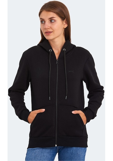 Slazenger KATYA Kadın Fermuarlı Kapüşonlu Cepli Siyah Sweatshirt