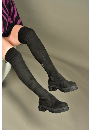 Fox Shoes V7264253 Siyah Süet Streç Kadın Çizme Siyah