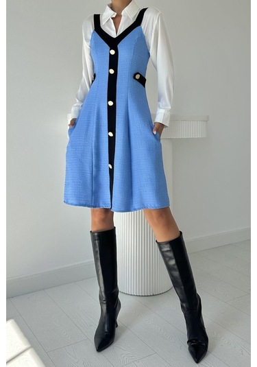 Mavi Siyah Süs Cepli Askılı Elbise siyah