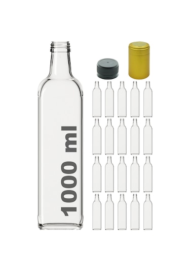 Afracam Maraska Şeffaf 1000 ML Kilitli Kapaklı ve Kapüşonlu Boş Cam Şişe 20 Adet