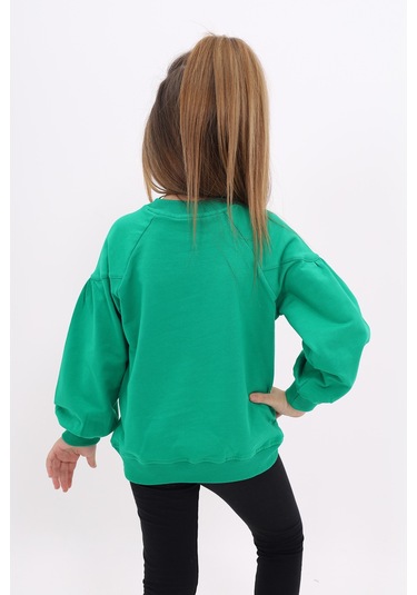 Toontoy Kız Çocuk Relax Fit Bisiklet Yaka Büzgülü Reglan Kol Sweatshirt - 2 İplik Çimen Yeşili