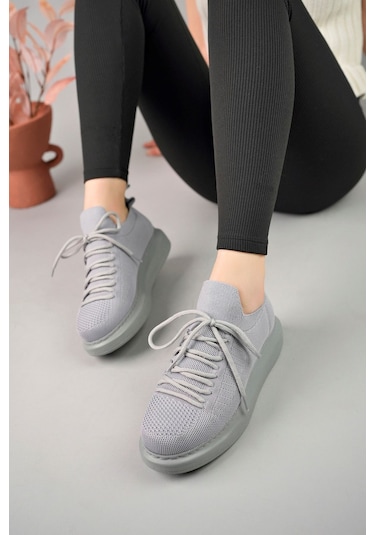 Pabucmarketi Bağcık Detaylı Triko Kumaş Erkek Spor Ayakkabı Antrasit Gri