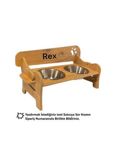 Realwood Ahşap Kademeli Eğimli Çelik Kaseli Kedi Köpek Mama Su Kabı 400 ML