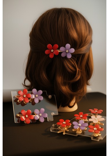 Çiçek Şeklinde Metal Toka, Metal Klipsli Renkli Çiçek Toka 4 Adet 2 Kırmızı - 2 Mor Kırmızı - Mor - Sarı