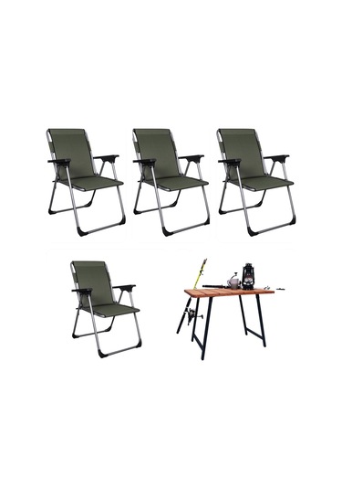 Alin Metal Lüks 4''lü Katlanır Sandalye Ve Masa Seti Haki Haki