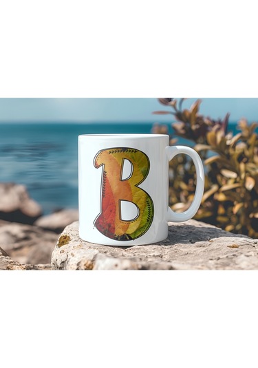 B Harf Yaprak Renkleri İle Kupa Bardak - Kişiye Özel Alfabe Harfli Bardak - Hediye Beyaz