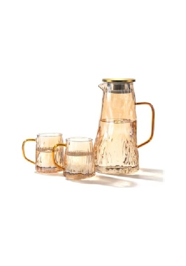 Qerhome Borosilikat Cam Sürahi Takım 2 Bardaklı Elio Gold 1800 Ml