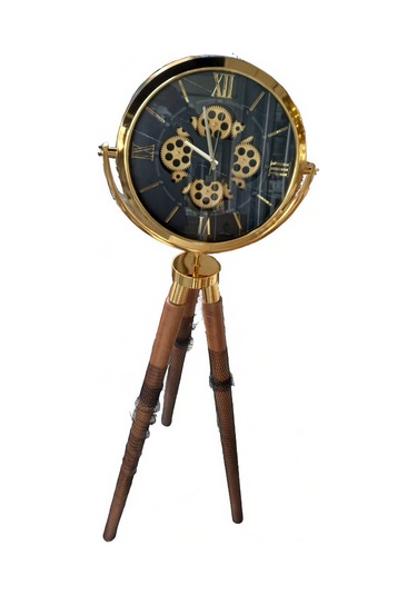 Çarklı Gold Metal 3d Ahşap Ayaklı Seyyar Ofis Salon Otel Saati Altın
