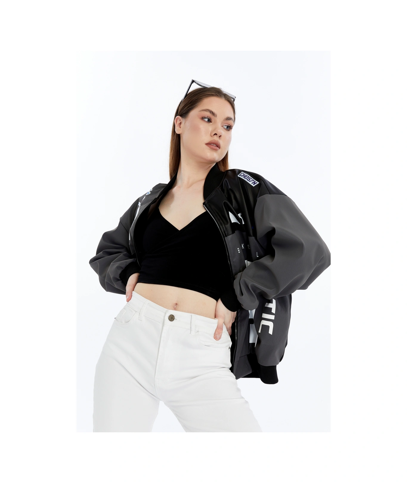 Kadın Oversize Baskılı Deri Motorcu Montu Fermuarlı Yarışçı Ceket Astarlı Bomber Kolej Mont Antrasit