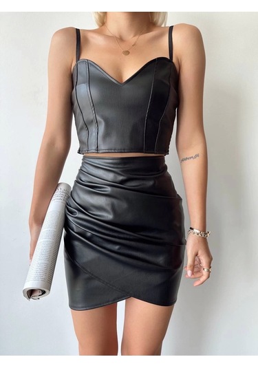 Drapeli Deri Etek Siyah W26771 Siyah