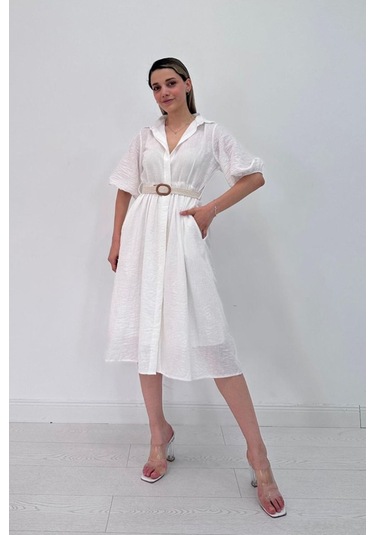 Beyaz Gizli Pat Yakalı Elbise Beyaz
