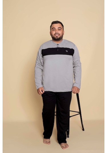 Erkek Büyük Battal Beden Desenli 3 Düğmeli %100 Pamuk Mevsimlik Uzun Kol Cepli Pijama Takımı Taş