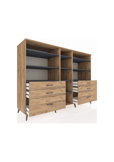 Kronos Dolap 10 Raflı 6 Çekmeceli 220x59x163 Çam-antrasit/çam Çam-antrasit/çam