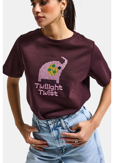 Itsbasic Kadın Kahve Bordo Renk W5 Nakış Detaylı Oversize Tasarım T-shirt