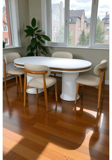 Bohem İskandinav Masa Sandalye Takımı 4 Adet Polo Sandalye Beyaz Mebranlı Mdf Oval Masa-modern Beyaz