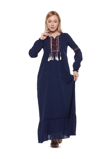 Şile Bezi Lacivert Uzun Kollu Püsküllü Elbise