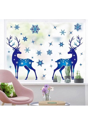 Pazly 5 Yaprak Noel Dekorasyon Çıkartması Cam Pencere Mavi Elk Statik Süsler 20x30cm 5pcs-05