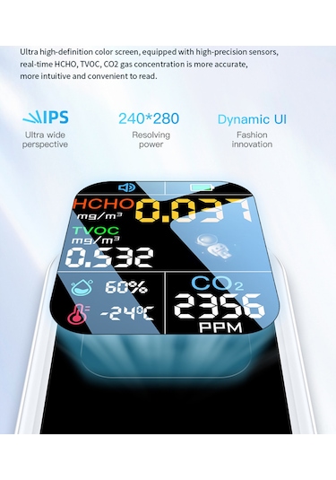 Vkemall El Tipi Taşınabilir Hava Kalitesi Monitörü - Co2, Formaldehit, Sicaklık Ve Nem Ölçer - Ev Ofis İçin Siyah