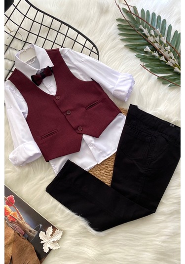 Yelekli Papyonlu Erkek Çocuk Takım Elbise Bordo