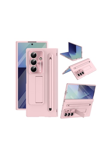 Samsung Galaxy Uyumlu Z Fold7 5g Kılıf Pc Cep Telefonu Kılıfı, Ayaklı Ve Kalemli - Pembe Pembe
