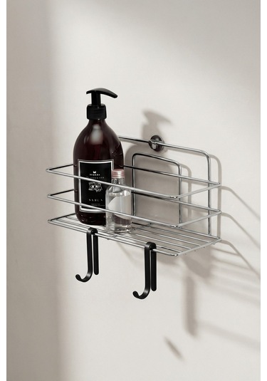 Tekli Krom Yapışkanlı Banyo Rafı + 2 Li Askı Kanca Seti Paslanmaz Metal Duş Şampuanlık Yapıştır/vidala Tş-01 Krom