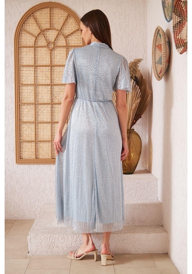 Darlin Moda Mavi Simli Tül Üzeri Gri Puantiyeli  Astarlı Abiye Elbise DM45948