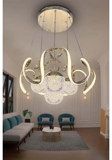 Arya Kristal Cam 4 Top Led Avize - - Kumandasız / Gold Gold