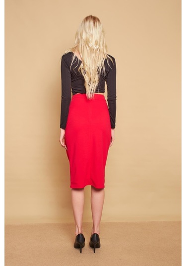 Kruvaze Anvelop Önü Pileli Diz Altı Likralı Kumaş Etek-fujya - Fujya Fuşya