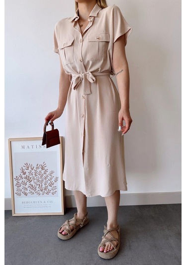 Kadın Bej Kısa Kol, Gömlek Yaka, Düz Desen, Çift Cepli, Aerobin Kumaş, Kuşaklı Maxi Elbise Bej
